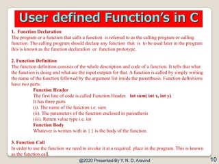 1. Function Declaration
The program or a function that calls a function is referred to as the calling program or calling
f...