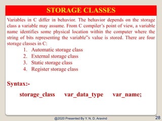 @2020 Presented By Y. N. D. Aravind 28
STORAGE CLASSES
Variables in C differ in behavior. The behavior depends on the stor...