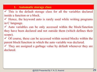 @2020 Presented By Y. N. D. Aravind 29
1. Automatic storage class
 This is the default storage class for all the variable...