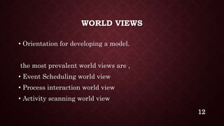 WORLD VIEWS
• Orientation for developing a model.
the most prevalent world views are ,
• Event Scheduling world view
• Process interaction world view
• Activity scanning world view
12
 