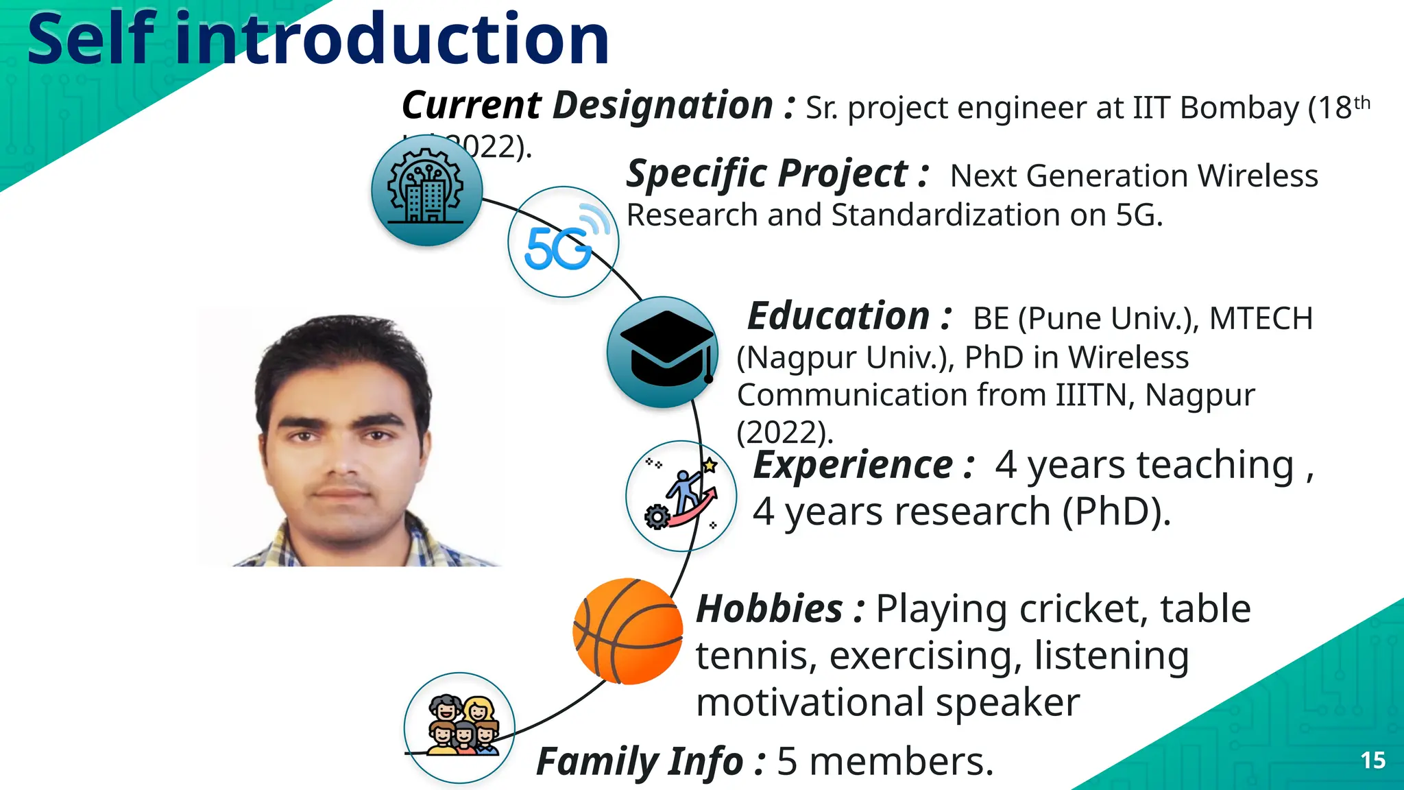 Self introduction
15
Current Designation : Sr. project engineer at IIT Bombay (18th
Jul 2022).
Specific Project : Next Generation Wireless
Research and Standardization on 5G.
Education : BE (Pune Univ.), MTECH
(Nagpur Univ.), PhD in Wireless
Communication from IIITN, Nagpur
(2022).
Experience : 4 years teaching ,
4 years research (PhD).
Hobbies : Playing cricket, table
tennis, exercising, listening
motivational speaker
Family Info : 5 members.
 