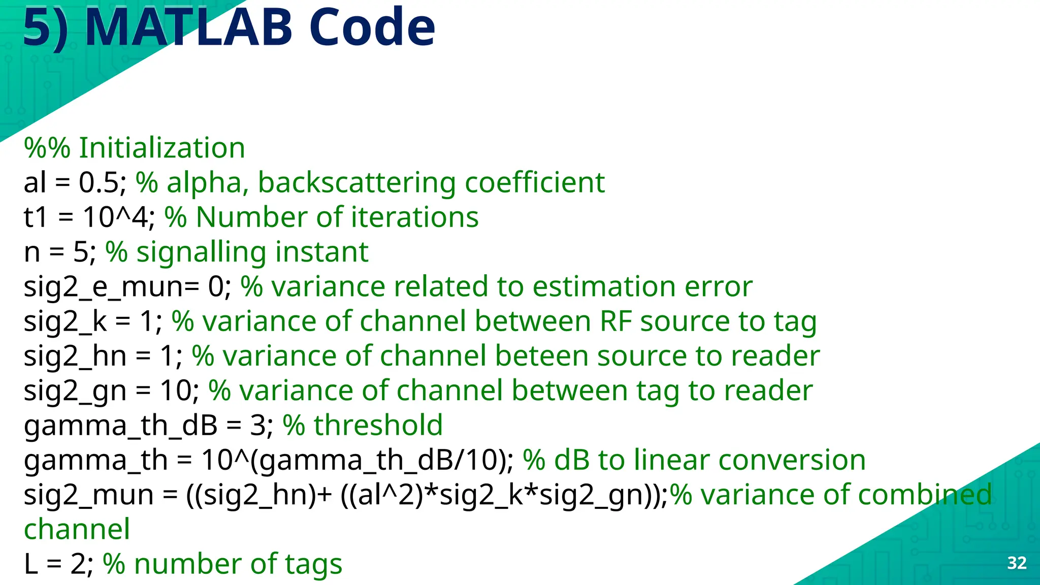 %% Initialization
al = 0.5; % alpha, backscattering coefficient
t1 = 10^4; % Number of iterations
n = 5; % signalling instant
sig2_e_mun= 0; % variance related to estimation error
sig2_k = 1; % variance of channel between RF source to tag
sig2_hn = 1; % variance of channel beteen source to reader
sig2_gn = 10; % variance of channel between tag to reader
gamma_th_dB = 3; % threshold
gamma_th = 10^(gamma_th_dB/10); % dB to linear conversion
sig2_mun = ((sig2_hn)+ ((al^2)*sig2_k*sig2_gn));% variance of combined
channel
L = 2; % number of tags
5) MATLAB Code
32
 