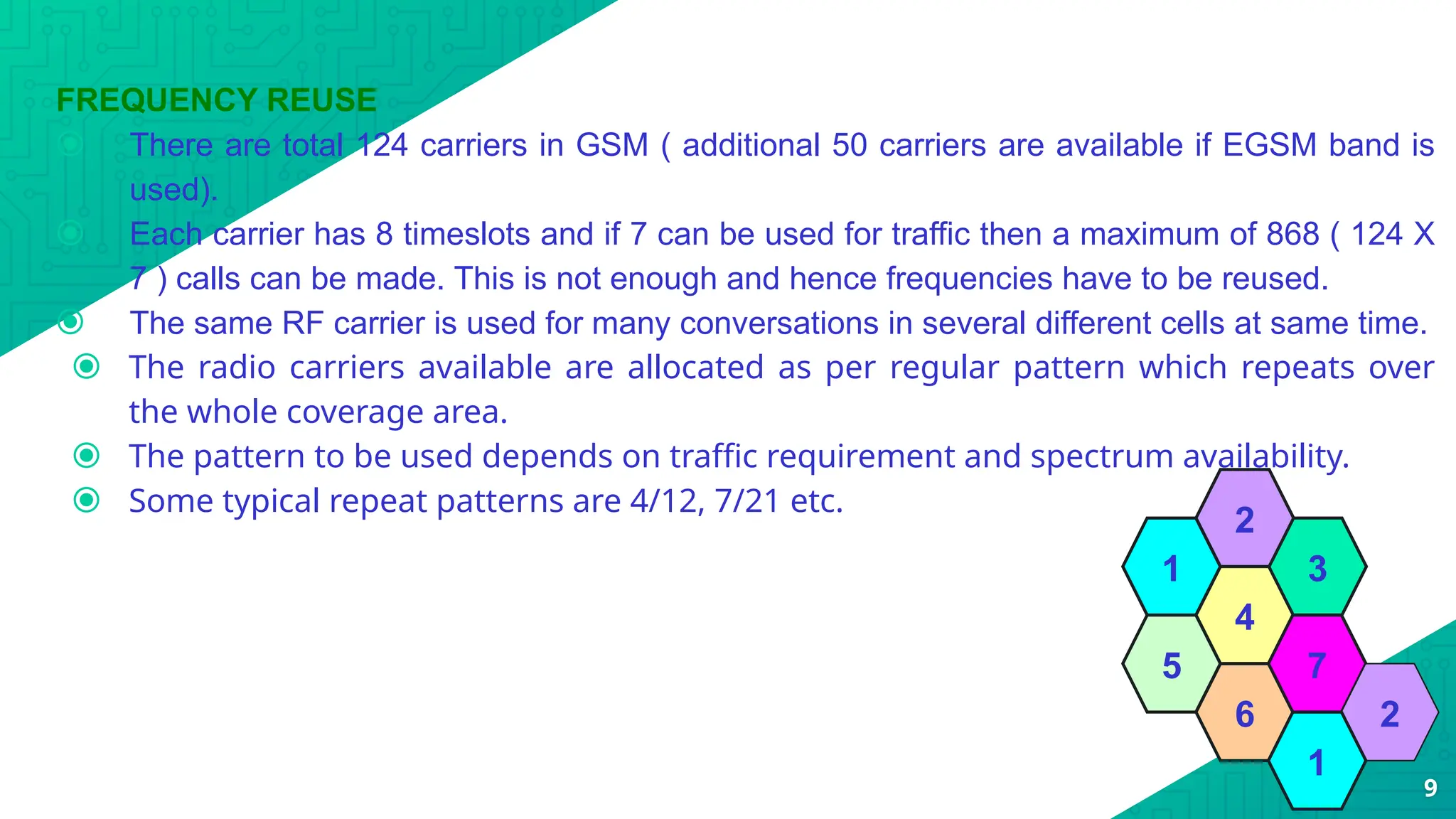FREQUENCY REUSE
⦿ There are total 124 carriers in GSM ( additional 50 carriers are available if EGSM band is
used).
⦿ Each carrier has 8 timeslots and if 7 can be used for traffic then a maximum of 868 ( 124 X
7 ) calls can be made. This is not enough and hence frequencies have to be reused.
⦿ The same RF carrier is used for many conversations in several different cells at same time.
⦿ The radio carriers available are allocated as per regular pattern which repeats over
the whole coverage area.
⦿ The pattern to be used depends on traffic requirement and spectrum availability.
⦿ Some typical repeat patterns are 4/12, 7/21 etc.
9
6
4
3
7
2
5
1
2
1
 