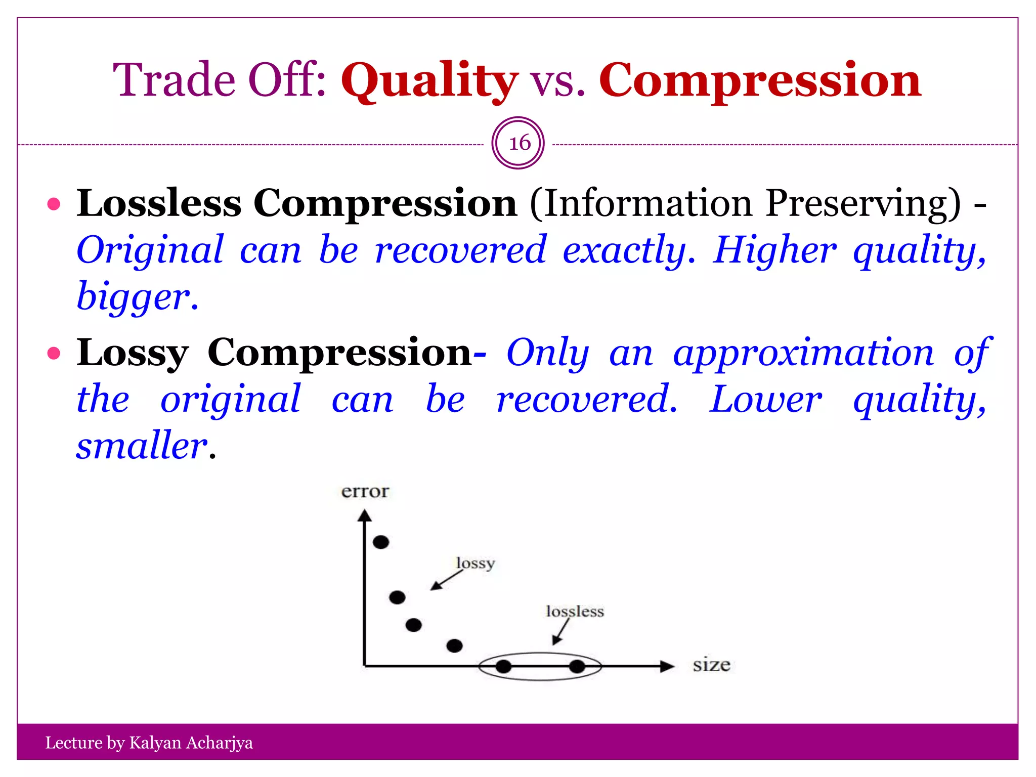 Trade Off: Quality vs. Compression
Lecture by Kalyan Acharjya
16
 Lossless Compression (Information Preserving) -
Original can be recovered exactly. Higher quality,
bigger.
 Lossy Compression- Only an approximation of
the original can be recovered. Lower quality,
smaller.
 