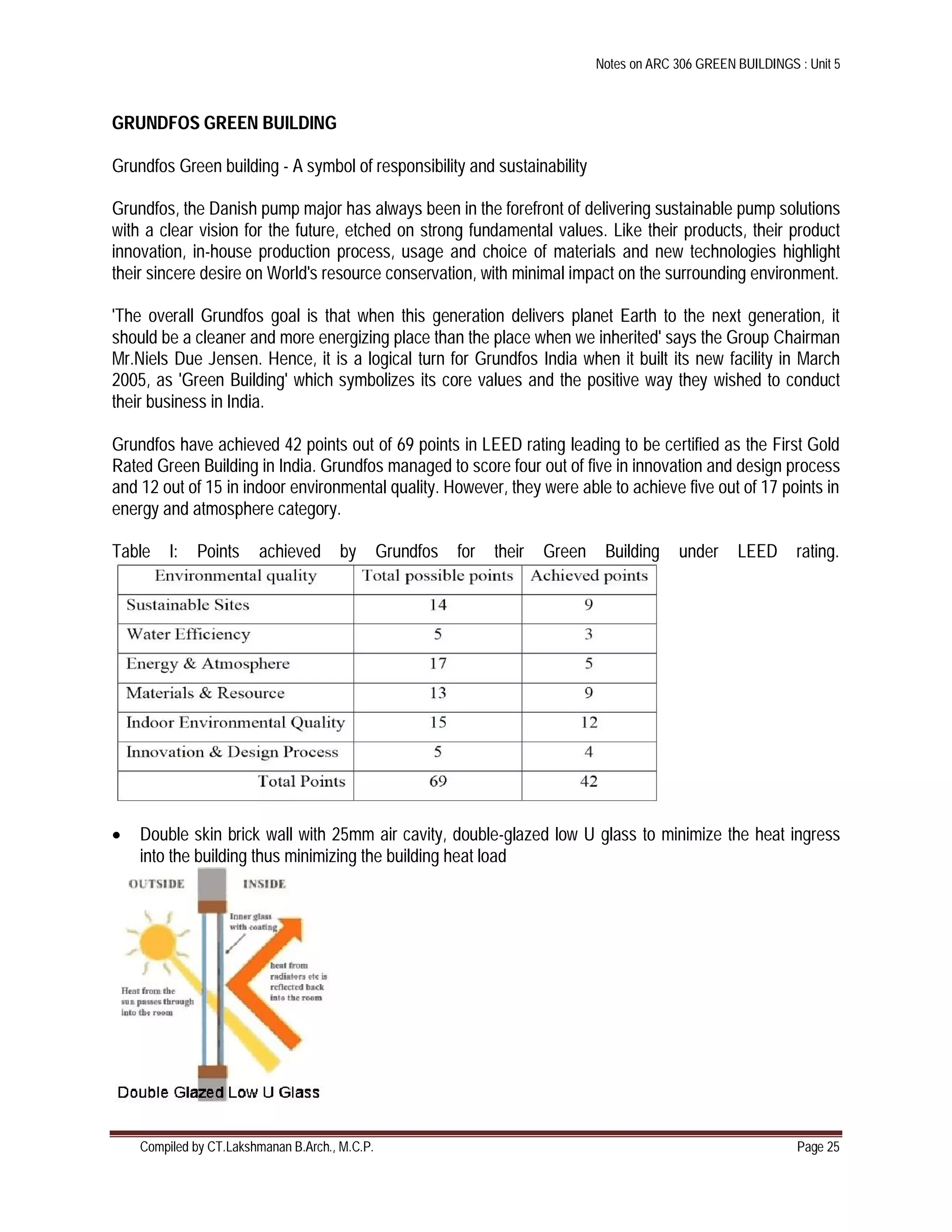Notes on ARC 306 GREEN BUILDINGS : Unit 5
Compiled by CT.Lakshmanan B.Arch., M.C.P. Page 25
GRUNDFOS GREEN BUILDING
Grundfos Green building - A symbol of responsibility and sustainability
Grundfos, the Danish pump major has always been in the forefront of delivering sustainable pump solutions
with a clear vision for the future, etched on strong fundamental values. Like their products, their product
innovation, in-house production process, usage and choice of materials and new technologies highlight
their sincere desire on World's resource conservation, with minimal impact on the surrounding environment.
'The overall Grundfos goal is that when this generation delivers planet Earth to the next generation, it
should be a cleaner and more energizing place than the place when we inherited' says the Group Chairman
Mr.Niels Due Jensen. Hence, it is a logical turn for Grundfos India when it built its new facility in March
2005, as 'Green Building' which symbolizes its core values and the positive way they wished to conduct
their business in India.
Grundfos have achieved 42 points out of 69 points in LEED rating leading to be certified as the First Gold
Rated Green Building in India. Grundfos managed to score four out of five in innovation and design process
and 12 out of 15 in indoor environmental quality. However, they were able to achieve five out of 17 points in
energy and atmosphere category.
Table I: Points achieved by Grundfos for their Green Building under LEED rating.
 Double skin brick wall with 25mm air cavity, double-glazed low U glass to minimize the heat ingress
into the building thus minimizing the building heat load
 