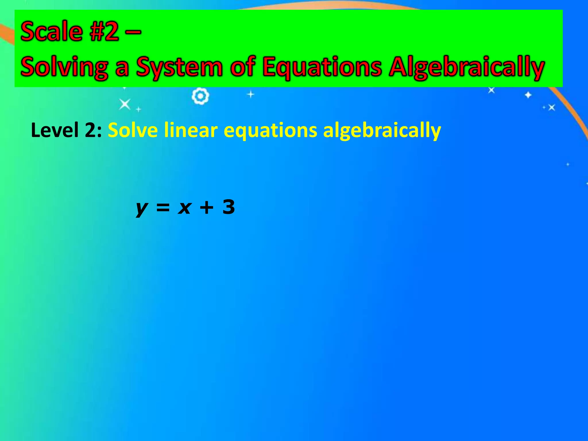 Level 2: Solve linear equations algebraically
y = x + 3
 