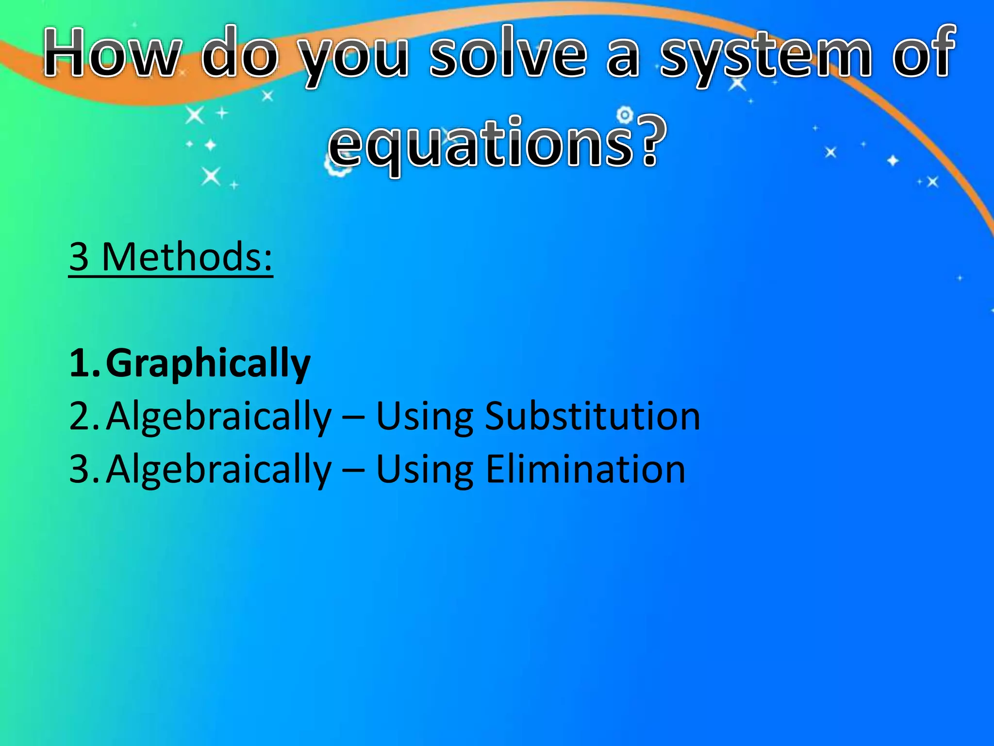 3 Methods:
1.Graphically
2.Algebraically – Using Substitution
3.Algebraically – Using Elimination
 