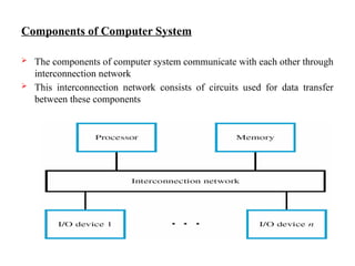 Components of Computer System
 The components of computer system communicate with each other through
interconnection network
 This interconnection network consists of circuits used for data transfer
between these components
 