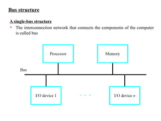 Bus structure
A single-bus structure
 The interconnection network that connects the components of the computer
is called bus
 