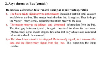 2. Asynchronous Bus (contd..)
Handshake control for data transfer during an input(read) operation
t3 - The Slave-ready signal arrives at the master, indicating that the input data are
available on the bus. The master loads the data into its register. Then it drops
the Master- ready signal, indicating that it has received the data.
t4 - The master removes the address and command information from the bus.
The time gap between t3 and t4 is again intended to allow for bus skew.
[Master-ready signal should stopped first after that only address and command
information should be removed]
t5 – The slave knows master has stopped Master-ready signal, so it removes the
data and the Slave-ready signal from the bus. This completes the input
transfer.
 