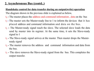 2. Asynchronous Bus (contd..)
Handshake control for data transfer during an output(write) operation
The diagram shown in the previous slide is explained as below,
t0 - The master places the address and command information , data on the bus
t1 - The master sets the Master-ready line to 1 to inform the devices that it has
placed address and command information and data on the bus.
t2 – The Master-ready signal reach the slave. The selected slave loads the data
send by master into its register. At the same time, it sets the Slave-ready
signal to 1
t3 - The Slave-ready signal arrives at the master. Then master drops the Master-
ready signal
t4 - The master removes the address and command information and data from
the bus.
t5 – The slave removes the Slave-ready signal from the bus. This completes the
output transfer.
 