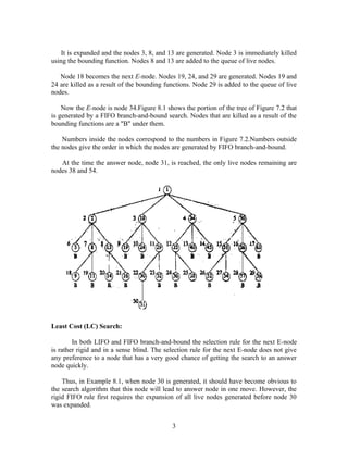 It is expanded and the nodes 3, 8, and 13 are generated. Node 3 is immediately killed
using the bounding function. Nodes 8 and 13 are added to the queue of live nodes.
Node 18 becomes the next E-node. Nodes 19, 24, and 29 are generated. Nodes 19 and
24 are killed as a result of the bounding functions. Node 29 is added to the queue of live
nodes.
Now the E-node is node 34.Figure 8.1 shows the portion of the tree of Figure 7.2 that
is generated by a FIFO branch-and-bound search. Nodes that are killed as a result of the
bounding functions are a "B" under them.
Numbers inside the nodes correspond to the numbers in Figure 7.2.Numbers outside
the nodes give the order in which the nodes are generated by FIFO branch-and-bound.
At the time the answer node, node 31, is reached, the only live nodes remaining are
nodes 38 and 54.
Least Cost (LC) Search:
In both LIFO and FIFO branch-and-bound the selection rule for the next E-node
is rather rigid and in a sense blind. The selection rule for the next E-node does not give
any preference to a node that has a very good chance of getting the search to an answer
node quickly.
Thus, in Example 8.1, when node 30 is generated, it should have become obvious to
the search algorithm that this node will lead to answer node in one move. However, the
rigid FIFO rule first requires the expansion of all live nodes generated before node 30
was expanded.
3
 
