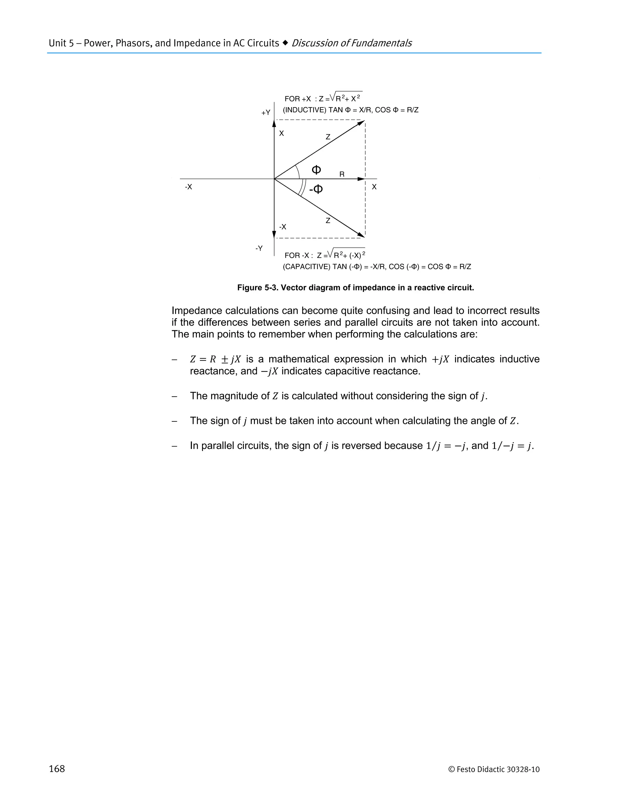 Unit 5 – Power, Phasors, and Impedance in AC Circuits  Discussion of Fundamentals
168 © Festo Didactic 30328-10
Figure 5-3. Vector diagram of impedance in a reactive circuit.
Impedance calculations can become quite confusing and lead to incorrect results
if the differences between series and parallel circuits are not taken into account.
The main points to remember when performing the calculations are:
 	 is a mathematical expression in which indicates inductive
reactance, and indicates capacitive reactance.
 The magnitude of is calculated without considering the sign of .
 The sign of must be taken into account when calculating the angle of .
 In parallel circuits, the sign of is reversed because 1⁄ , and 1⁄ .
 