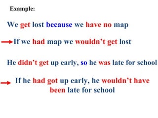 Example:
We get lost because we have no map
If we had map we wouldn’t get lost
He didn’t get up early, so he was late for school
If he had got up early, he wouldn’t have
been late for school
 