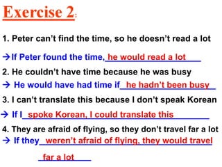 1. Peter can’t find the time, so he doesn’t read a lot
If Peter found the time,____________________
3. I can’t translate this because I don’t speak Korean
 He would have had time if____________________
4. They are afraid of flying, so they don’t travel far a lot
2. He couldn’t have time because he was busy
 If I_______________________________________
 If they____________________________________
___________
he would read a lot
he hadn’t been busy
spoke Korean, I could translate this
weren’t afraid of flying, they would travel
far a lot
 