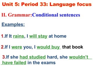 1.If It rains, I will stay at home
2.If I were you, I would buy that book
3.If she had studied hard, she wouldn’t
have failed in the exams
Examples:
II. Grammar:Conditional sentences
 