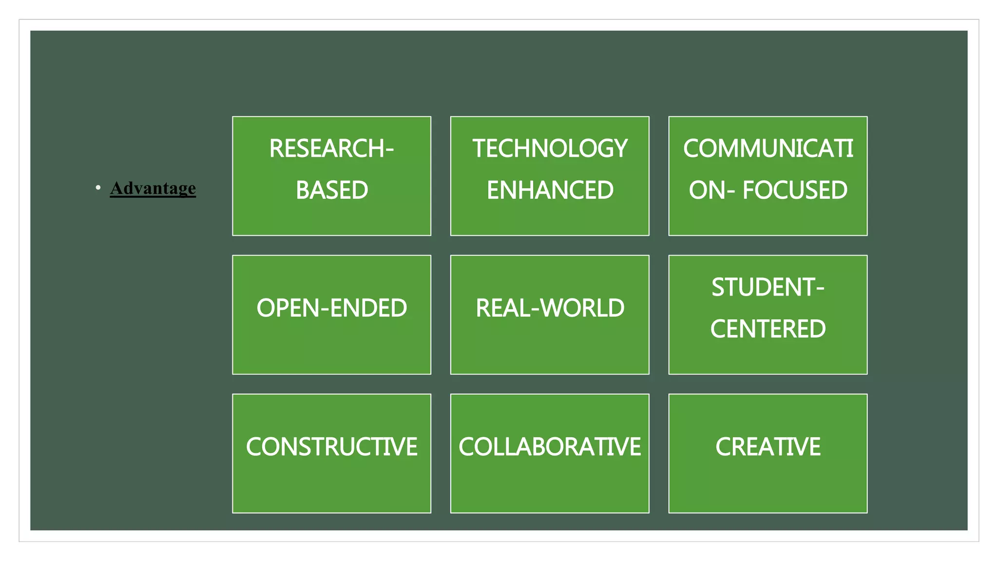 • Advantage 
RESEARCH-BASED 
TECHNOLOGY 
ENHANCED 
COMMUNICATI 
ON- FOCUSED 
OPEN-ENDED REAL-WORLD 
STUDENT-CENTERED 
CONSTRUCTIVE COLLABORATIVE CREATIVE 
 