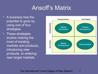 Ansoff’s Matrix
• A business has the
potential to grow by
using one of four
strategies.
• These strategies
involve making ...