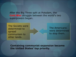 After the Big Three split at Potsdam, the
 Cold War struggle between the world’s two
 superpowers began.


The Soviets were
determined to                   The Americans
spread                          were determined
communism to                    to stop them.
other lands.


 Containing communist expansion became
 the United States’ top priority.
 