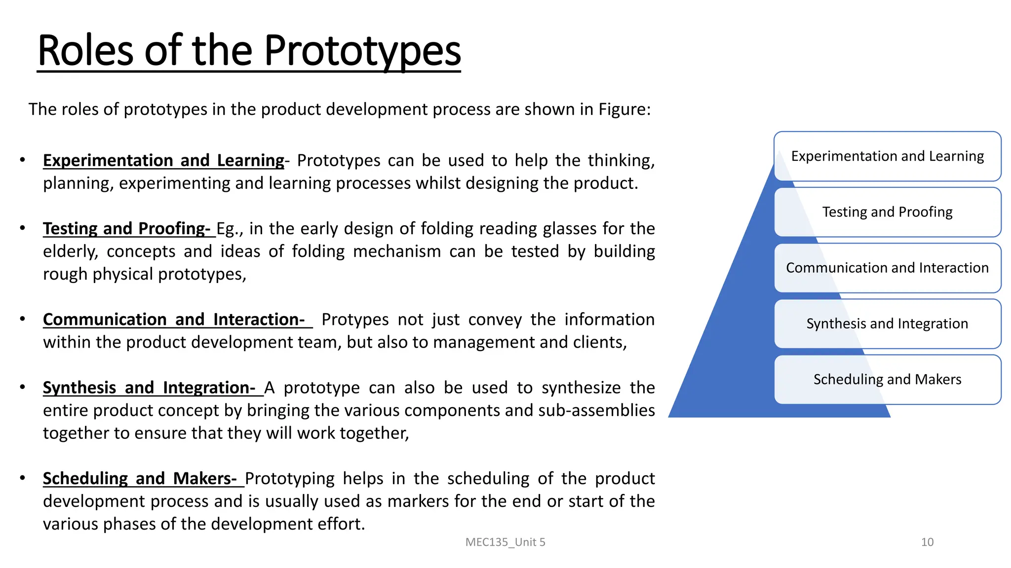 Roles of the Prototypes
Experimentation and Learning
Testing and Proofing
Communication and Interaction
Synthesis and Integration
Scheduling and Makers
MEC135_Unit 5 10
The roles of prototypes in the product development process are shown in Figure:
• Experimentation and Learning- Prototypes can be used to help the thinking,
planning, experimenting and learning processes whilst designing the product.
• Testing and Proofing- Eg., in the early design of folding reading glasses for the
elderly, concepts and ideas of folding mechanism can be tested by building
rough physical prototypes,
• Communication and Interaction- Protypes not just convey the information
within the product development team, but also to management and clients,
• Synthesis and Integration- A prototype can also be used to synthesize the
entire product concept by bringing the various components and sub-assemblies
together to ensure that they will work together,
• Scheduling and Makers- Prototyping helps in the scheduling of the product
development process and is usually used as markers for the end or start of the
various phases of the development effort.
 