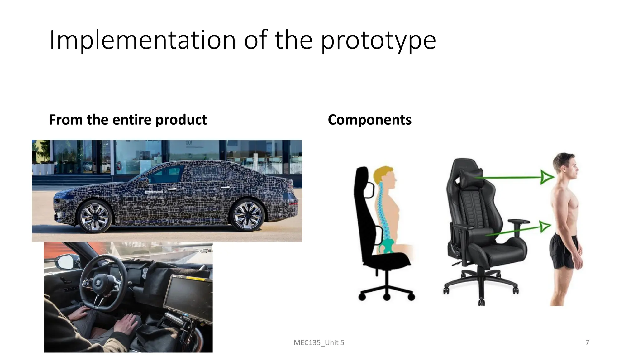 Implementation of the prototype
From the entire product Components
MEC135_Unit 5 7
 