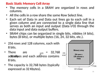 Basic Static Memory Cell Array
• The memory cells in a SRAM are organized in rows and
columns.
• All the cells in a row share the same Row Select line.
• Each set of Data in and Data out lines go to each cell in a
given column and are connected to a single data line that
serves as both an input and output (Data I/O) through the
data input and data output buffers.
• SRAM chips can be organized in single bits, nibbles (4 bits),
bytes (8 bits), or multiple bytes (16, 24, 32 bits, etc.).
• 256 rows and 128 columns, each with
8 bits.
16
• There are
actually
215 = 32,768
addresses and each address contains
8 bits.
• The capacity is 32,768 bytes (typically
expressed as 32 Kbytes).
 