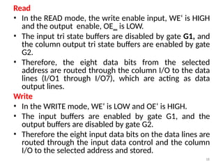 18
Read
• In the READ mode, the write enable input, WE‘ is HIGH
and the output enable, OE‗ is LOW.
• The input tri state buffers are disabled by gate G1, and
the column output tri state buffers are enabled by gate
G2.
• Therefore, the eight data bits from the selected
address are routed through the column I/O to the data
lines (I/O1 through I/O7), which are acting as data
output lines.
Write
• In the WRITE mode, WE‘ is LOW and OE‘ is HIGH.
• The input buffers are enabled by gate G1, and the
output buffers are disabled by gate G2.
• Therefore the eight input data bits on the data lines are
routed through the input data control and the column
I/O to the selected address and stored.
 