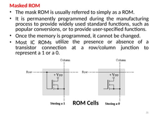 Masked ROM
• The mask ROM is usually referred to simply as a ROM.
• It is permanently programmed during the manufacturing
process to provide widely used standard functions, such as
popular conversions, or to provide user-specified functions.
• Once the memory is programmed, it cannot be changed.
• Most IC ROMs utilize the presence or absence of a
to
transistor connection at a row/column junction
represent a 1 or a 0.
ROM Cells
35
 