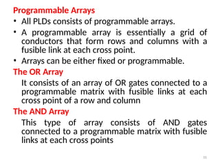 55
Programmable Arrays
• All PLDs consists of programmable arrays.
• A programmable array is essentially a grid of
conductors that form rows and columns with a
fusible link at each cross point.
• Arrays can be either fixed or programmable.
The OR Array
It consists of an array of OR gates connected to a
programmable matrix with fusible links at each
cross point of a row and column
The AND Array
This type of array consists of AND gates
connected to a programmable matrix with fusible
links at each cross points
 