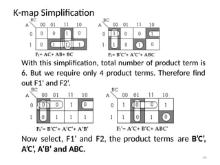 K-map Simplification
With this simplification, total number of product term is
6. But we require only 4 product terms. Therefore find
out F1‘ and F2‘.
Now select, F1‘ and F2, the product terms are B’C’,
A’C’, A’B’ and ABC.
64
 