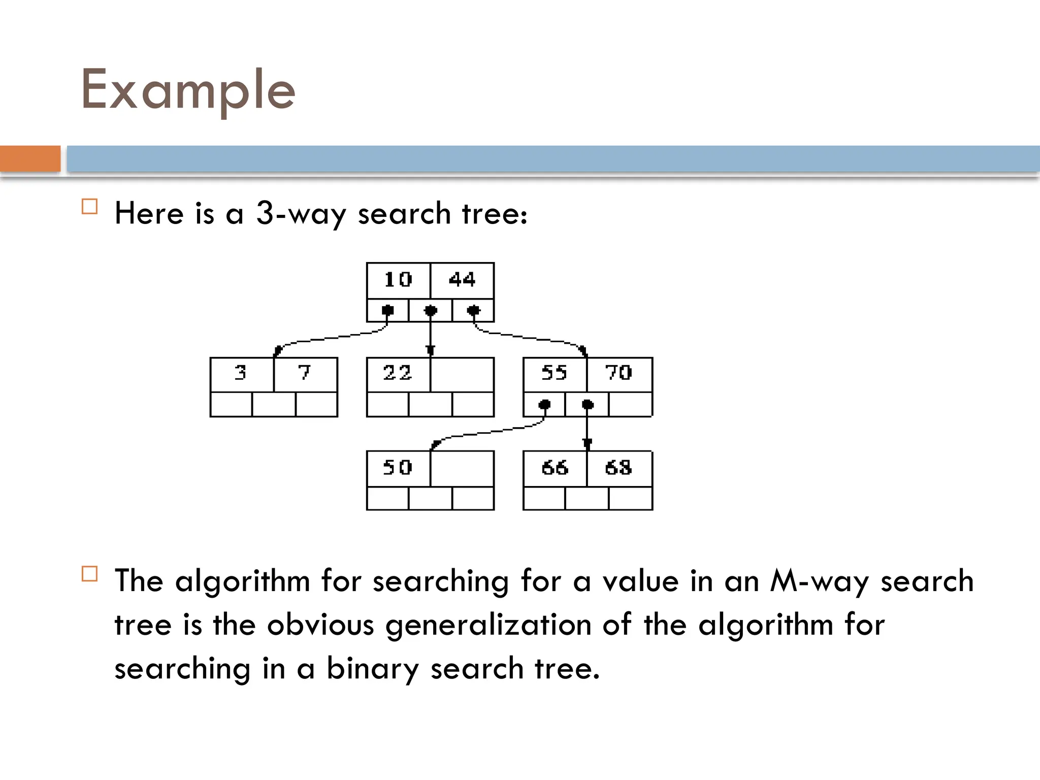 Example
 Here is a 3-way search tree:
 The algorithm for searching for a value in an M-way search
tree is the obvious generalization of the algorithm for
searching in a binary search tree.
 