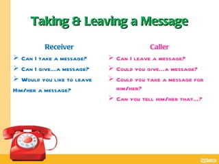 Taking & Leaving a Message

          Receiver                         Caller
 Can I take a message?        Can I leave a message?
 Can I give…a message?        Could you give…a message?
 Would you like to leave      Could you take a message for
Him/her a message?              him/her?
                               Can you tell him/her that…?
 
