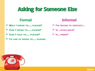 Asking for Someone Else
            Formal                          Informal
   May I speak to…, please?          I’m trying to contact…
   Can I speak to…, please?          Is…available?
   Can I talk to…, please?           Is…there?
   I’d like to speak to…, please.
 