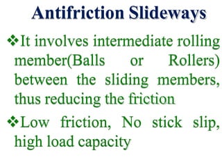 Antifriction Slideways
It involves intermediate rolling
member(Balls or Rollers)
between the sliding members,
thus reducing the friction
Low friction, No stick slip,
high load capacity
 