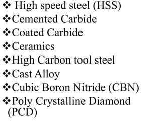  High speed steel (HSS)
Cemented Carbide
Coated Carbide
Ceramics
High Carbon tool steel
Cast Alloy
Cubic Boron Nitride (CBN)
Poly Crystalline Diamond
(PCD)
 