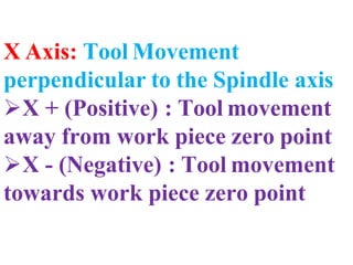 X Axis: Tool Movement
perpendicular to the Spindle axis
X + (Positive) : Tool movement
away from work piece zero point
X - (Negative) : Tool movement
towards work piece zero point
 