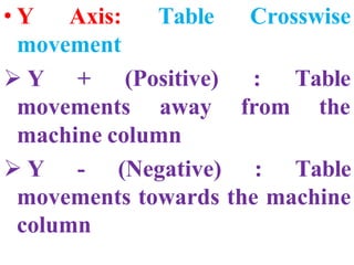 • Y Axis:
movement
 Y +
Table Crosswise
(Positive)
movements away
: Table
from the
machine column
 Y - (Negative) : Table
movements towards the machine
column
 