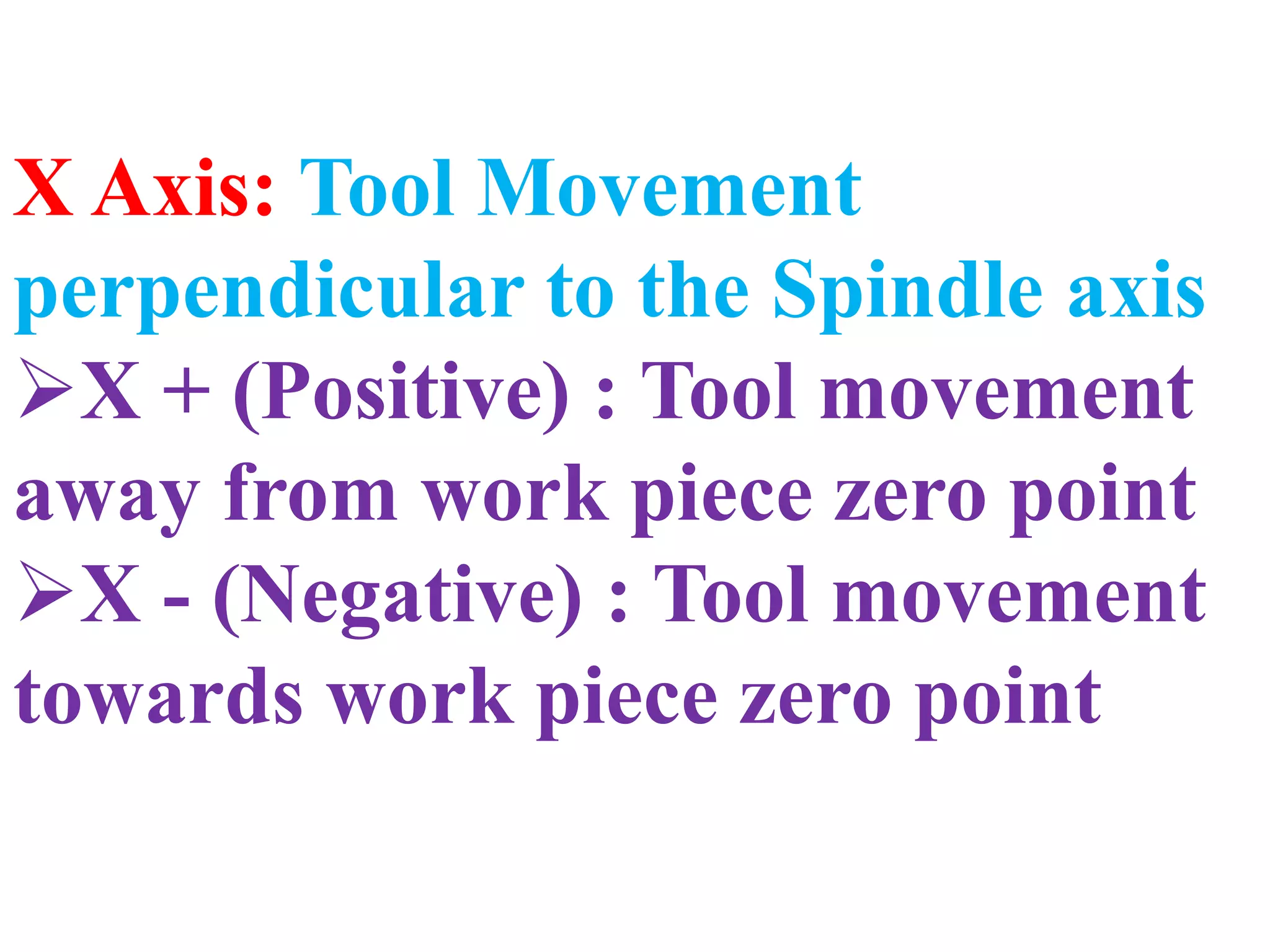 X Axis: Tool Movement
perpendicular to the Spindle axis
X + (Positive) : Tool movement
away from work piece zero point
X - (Negative) : Tool movement
towards work piece zero point
 