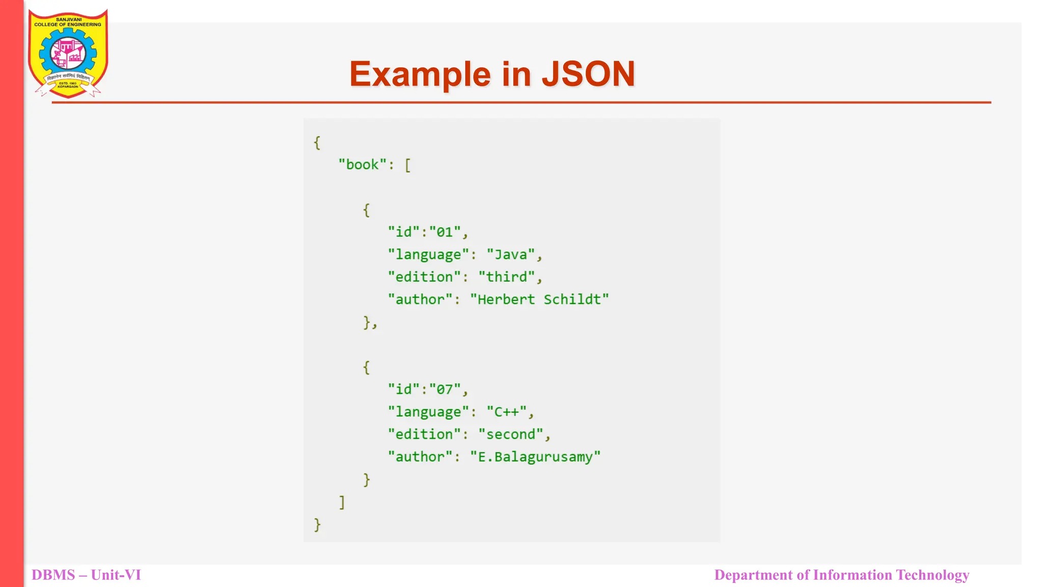 DBMS – Unit-VI Department of Information Technology Example in JSON 