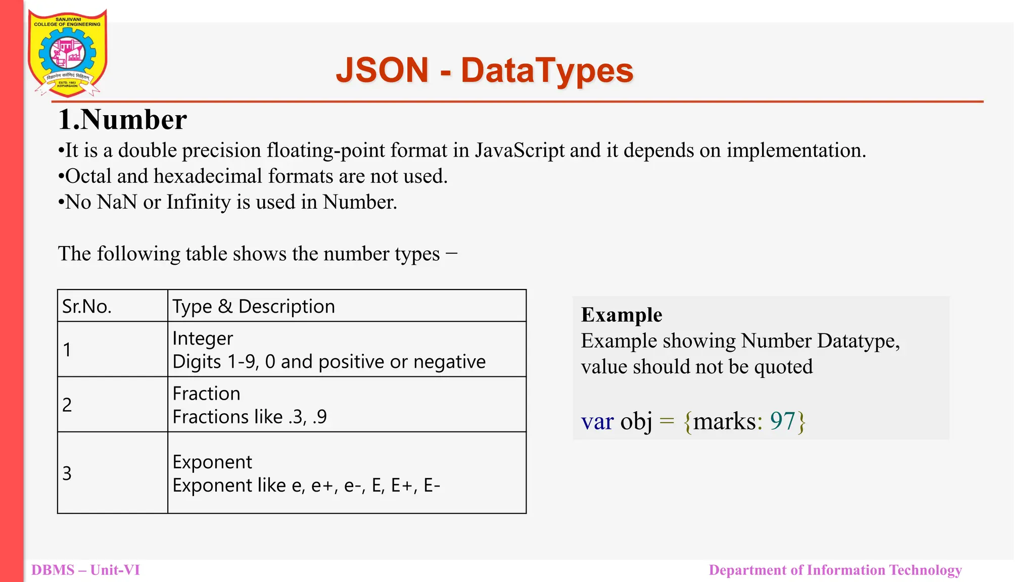 DBMS – Unit-VI Department of Information Technology JSON - DataTypes Sr.No. Type & Description 1 Integer Digits 1-9, 0 and positive or negative 2 Fraction Fractions like .3, .9 3 Exponent Exponent like e, e+, e-, E, E+, E- 1.Number •It is a double precision floating-point format in JavaScript and it depends on implementation. •Octal and hexadecimal formats are not used. •No NaN or Infinity is used in Number. The following table shows the number types − Example Example showing Number Datatype, value should not be quoted var obj = {marks: 97} 