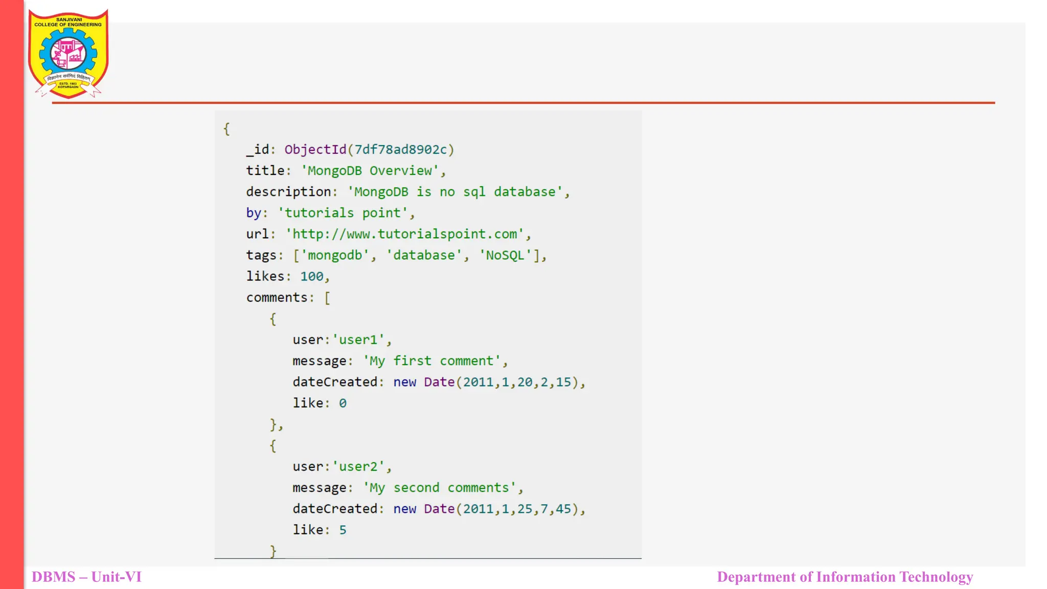 DBMS – Unit-VI Department of Information Technology 
