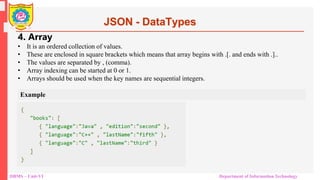DBMS – Unit-VI Department of Information Technology
JSON - DataTypes
4. Array
• It is an ordered collection of values.
• These are enclosed in square brackets which means that array begins with .[. and ends with .]..
• The values are separated by , (comma).
• Array indexing can be started at 0 or 1.
• Arrays should be used when the key names are sequential integers.
Example
 