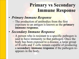 Primary vs Secondary Immune Response Primary Immune Response The production of antibodies from the first exposure to an antigen is known as the  primary immune response .  Secondary Immune Response A person who is resistant to a specific pathogen is said to have immunity to that pathogen. Once the body has been exposed to a disease, a large group of B cells and T cells remain capable of producing a  secondary immune response  if the pathogen re-appears in the body.  