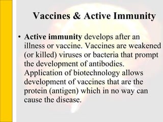 Vaccines & Active Immunity Active immunity  develops after an illness or vaccine. Vaccines are weakened (or killed) viruses or bacteria that prompt the development of antibodies. Application of biotechnology allows development of vaccines that are the protein (antigen) which in no way can cause the disease. 