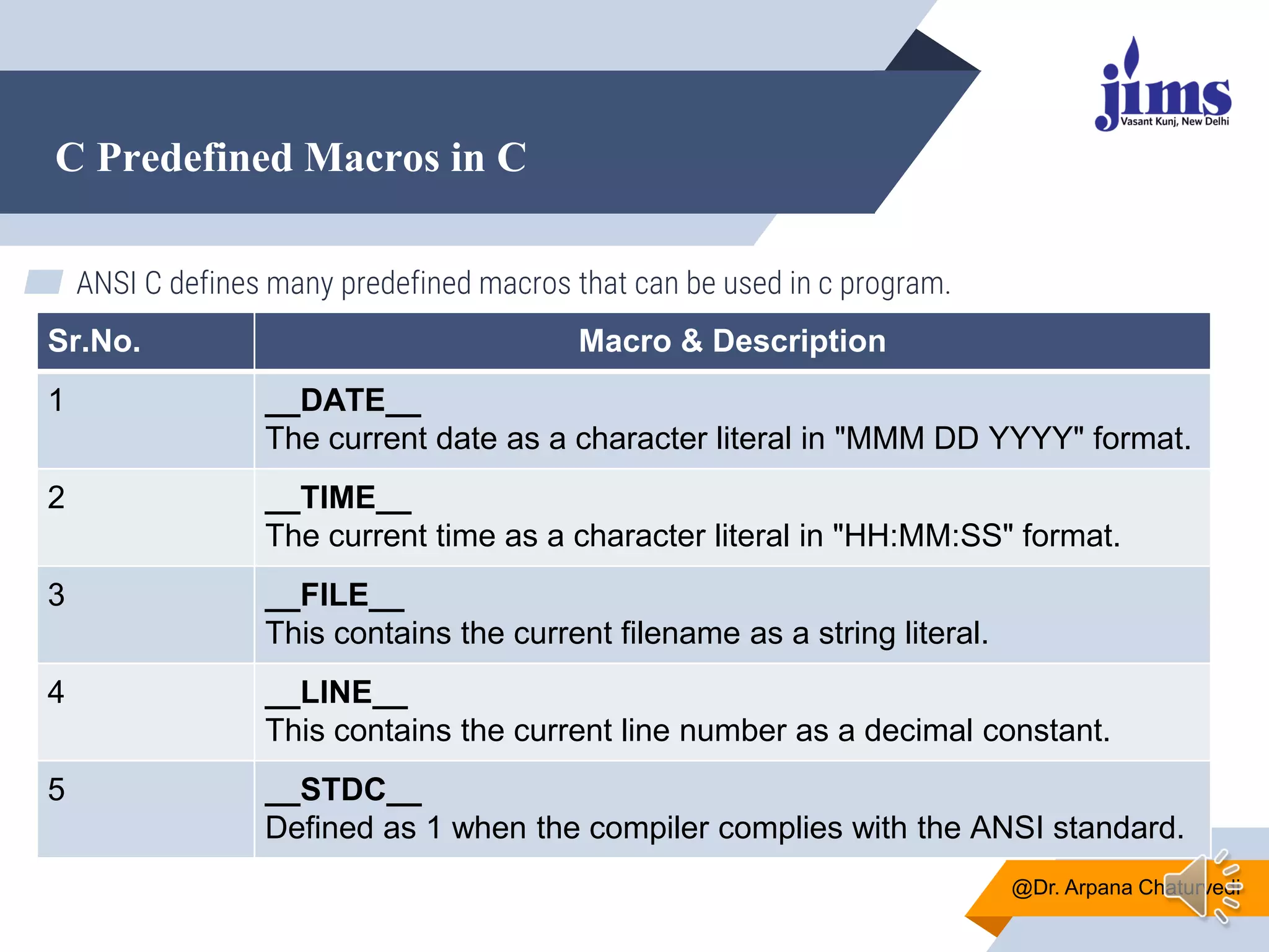 C Predefined Macros in C
@Dr. Arpana Chaturvedi
▰ ANSI C defines many predefined macros that can be used in c program.
Sr.No. Macro & Description
1 __DATE__
The current date as a character literal in "MMM DD YYYY" format.
2 __TIME__
The current time as a character literal in "HH:MM:SS" format.
3 __FILE__
This contains the current filename as a string literal.
4 __LINE__
This contains the current line number as a decimal constant.
5 __STDC__
Defined as 1 when the compiler complies with the ANSI standard.
 