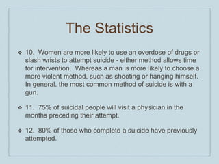 The Statistics
❖ 10. Women are more likely to use an overdose of drugs or
slash wrists to attempt suicide - either method allows time
for intervention. Whereas a man is more likely to choose a
more violent method, such as shooting or hanging himself.
In general, the most common method of suicide is with a
gun.
❖ 11. 75% of suicidal people will visit a physician in the
months preceding their attempt.
❖ 12. 80% of those who complete a suicide have previously
attempted.
 