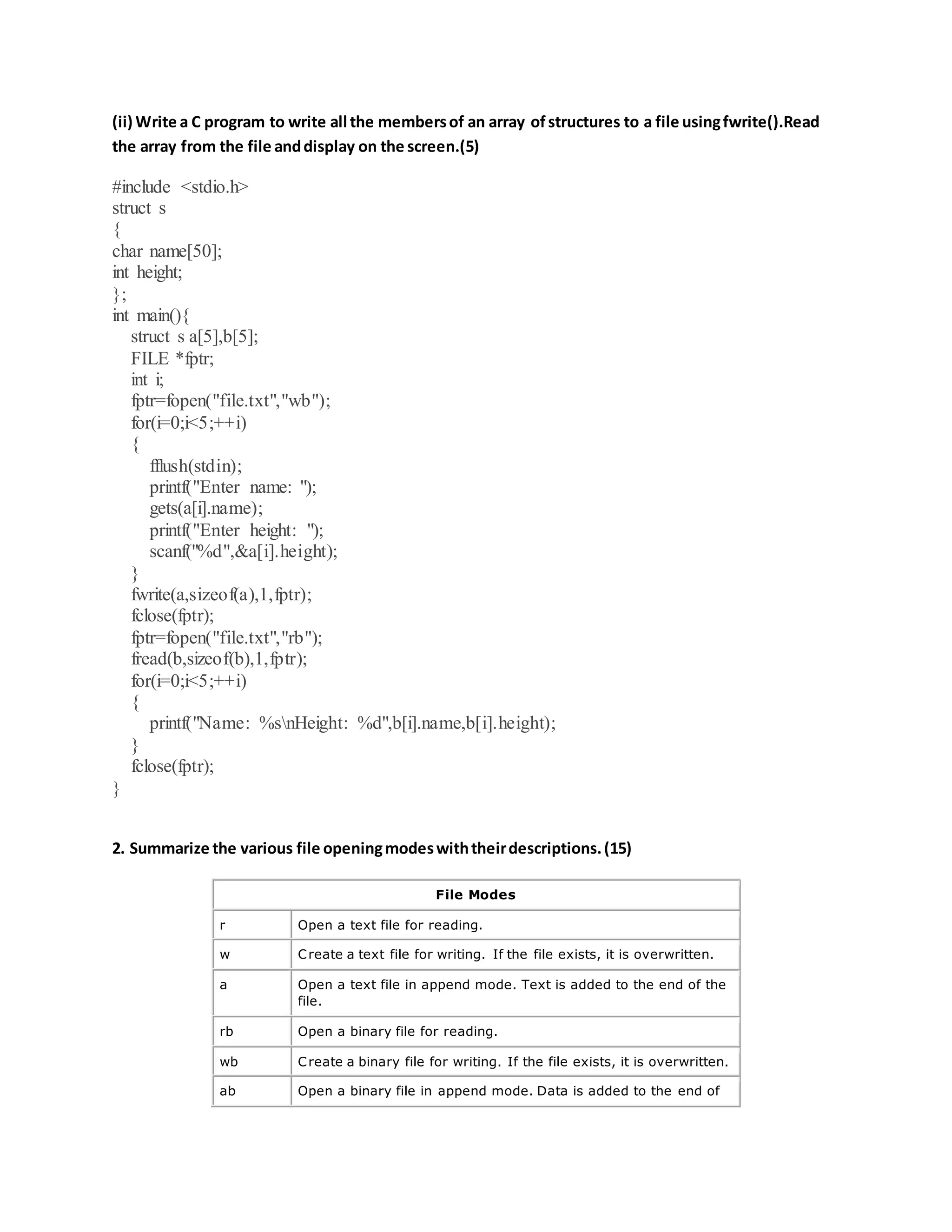 (ii) Write a C program to write all the membersof an array ofstructures to a file usingfwrite().Read
the array from the file anddisplay on the screen.(5)
#include <stdio.h>
struct s
{
char name[50];
int height;
};
int main(){
struct s a[5],b[5];
FILE *fptr;
int i;
fptr=fopen("file.txt","wb");
for(i=0;i<5;++i)
{
fflush(stdin);
printf("Enter name: ");
gets(a[i].name);
printf("Enter height: ");
scanf("%d",&a[i].height);
}
fwrite(a,sizeof(a),1,fptr);
fclose(fptr);
fptr=fopen("file.txt","rb");
fread(b,sizeof(b),1,fptr);
for(i=0;i<5;++i)
{
printf("Name: %snHeight: %d",b[i].name,b[i].height);
}
fclose(fptr);
}
2. Summarize the various file openingmodeswiththeirdescriptions.(15)
File Modes
r Open a text file for reading.
w Create a text file for writing. If the file exists, it is overwritten.
a Open a text file in append mode. Text is added to the end of the
file.
rb Open a binary file for reading.
wb Create a binary file for writing. If the file exists, it is overwritten.
ab Open a binary file in append mode. Data is added to the end of
 