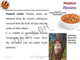 Plastic»
Resins
05-11-2019
MEC323: PRIMARY MANUFACTURING
(Dr. L K Bhagi)
21
Natural resins: Natural resins are
obtained from the viscous substances
secreted from the bark of trees and the
stems of other plants.
it is soluble in alcohol and related
compounds, but not in water. Once
dry, the resin will not admit water
intrusion.
Collecting
Resin from
pine trees
into a bag
 