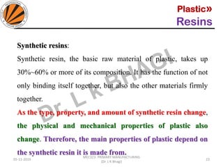 Plastic»
Resins
05-11-2019
MEC323: PRIMARY MANUFACTURING
(Dr. L K Bhagi)
23
Synthetic resins:
Synthetic resin, the basic raw material of plastic, takes up
30%~60% or more of its composition. It has the function of not
only binding itself together, but also the other materials firmly
together.
As the type, property, and amount of synthetic resin change,
the physical and mechanical properties of plastic also
change. Therefore, the main properties of plastic depend on
the synthetic resin it is made from.
 