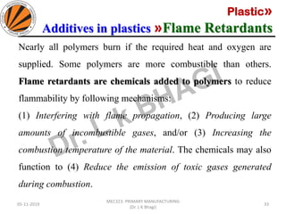 Plastic»
Additives in plastics »Flame Retardants
05-11-2019
MEC323: PRIMARY MANUFACTURING
(Dr. L K Bhagi)
33
Nearly all polymers burn if the required heat and oxygen are
supplied. Some polymers are more combustible than others.
Flame retardants are chemicals added to polymers to reduce
flammability by following mechanisms:
(1) Interfering with flame propagation, (2) Producing large
amounts of incombustible gases, and/or (3) Increasing the
combustion temperature of the material. The chemicals may also
function to (4) Reduce the emission of toxic gases generated
during combustion.
 